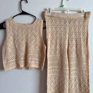 Beige Crochet Knit Top and Pants Set (Xs-S)